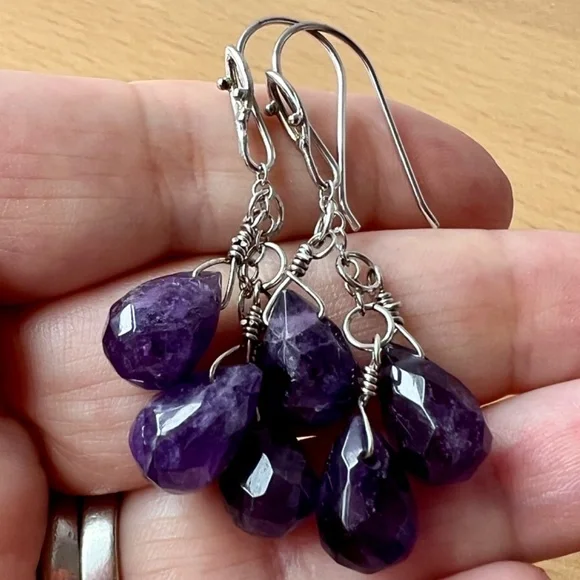 VINTAGE STERLING SILVER PURPLE AMETHYST DANGLE DROP EARRINGS 925 STERLING SILVER